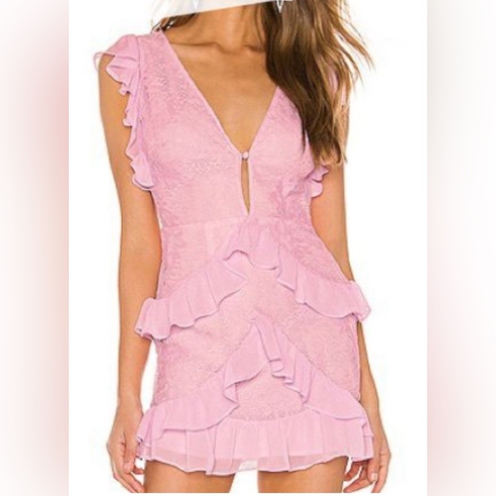 Lovers + Friends pink lace ruffle mini dress, missing front button, small